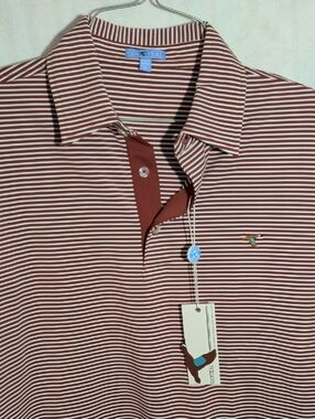 GENTEAL Burgundy and White Striped Polo with Embroidered Chest Logo